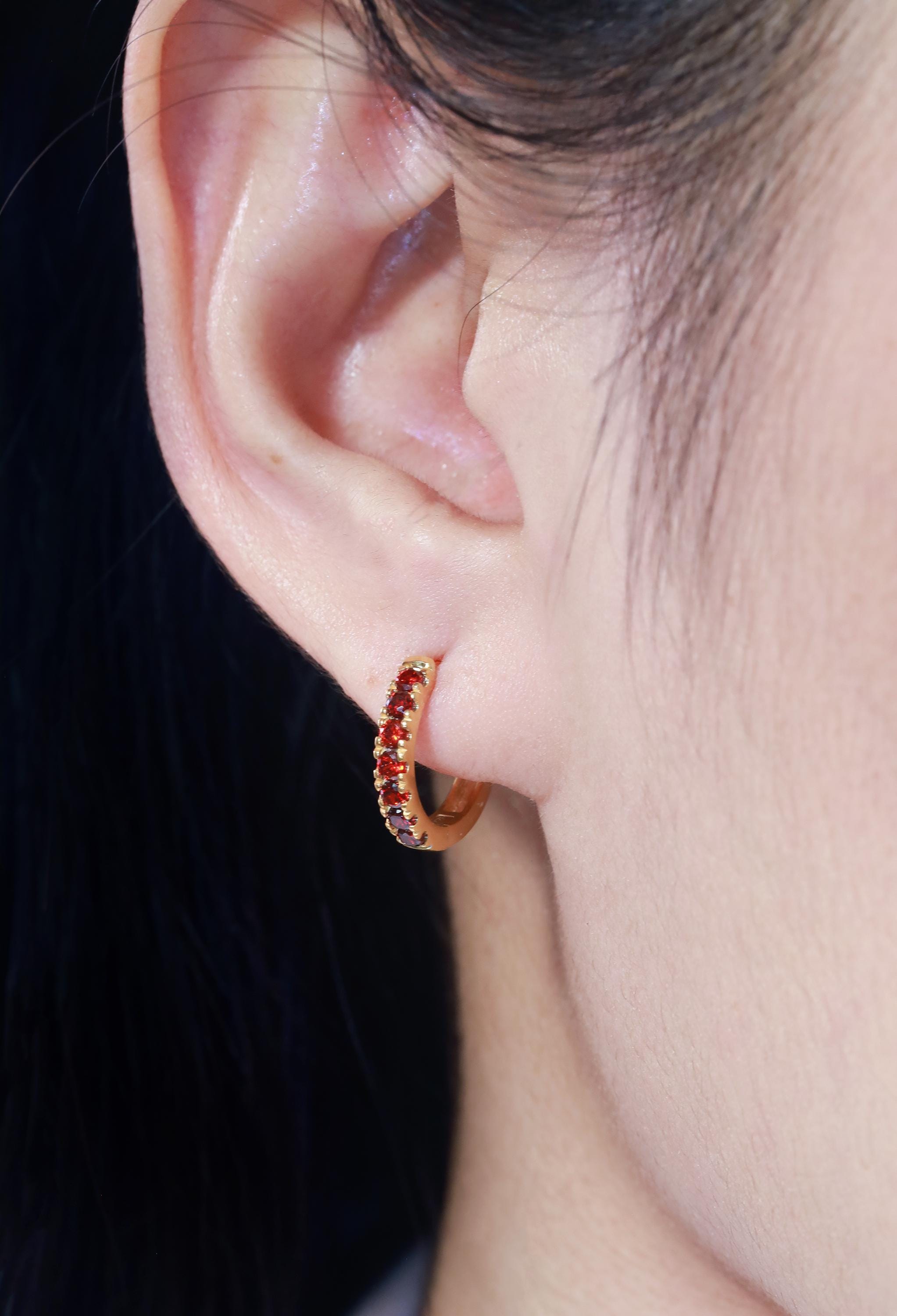 Seven Stones Garnet Hoop Earrings, January Birthstone Gifts, Huggie Hoop Earrings, Minimal Hoop Earrings Gift for Women